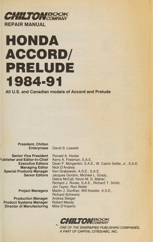 Cover of Chilton's Honda Accord/Prelude 1984-91: All U.S. and Canadian Models of Accord and Prelude Ual (Chilton's Repair Manual)